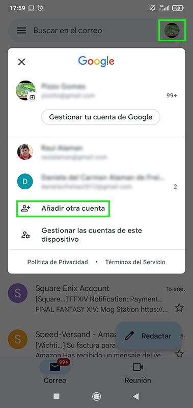 Gmail añadir otra cuenta