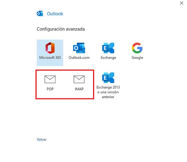 Outlook elegir IMAP o POP